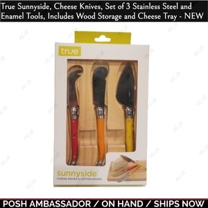 true - Cheese Knives, Set of 3 Stainless Steel & Enamel Tools With Wood Tray NEW